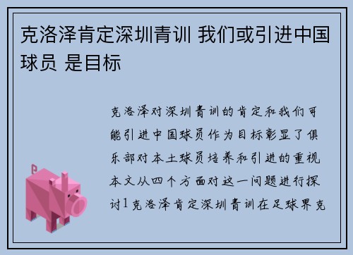 克洛泽肯定深圳青训 我们或引进中国球员 是目标